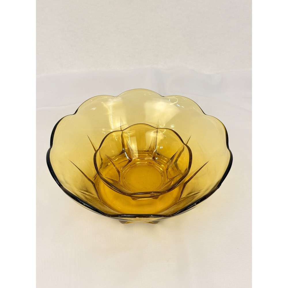 Vintage Anchor Hocking Amber Glass Chip and Dip Set Scalloped Petal Bowls